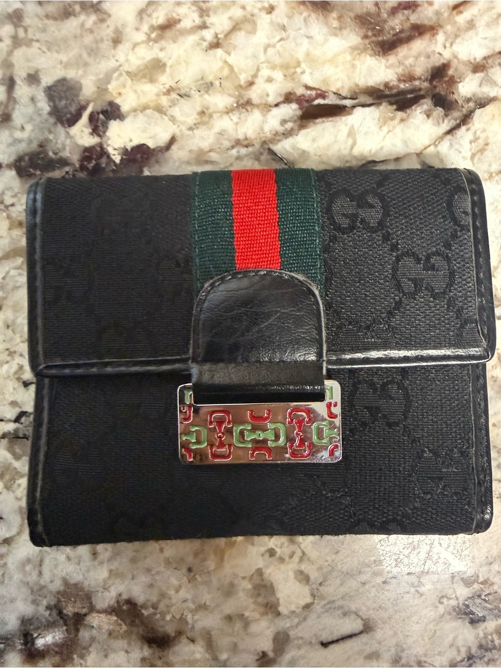 Gucci Black Monogram Wallet with Red and Green Web Stripe